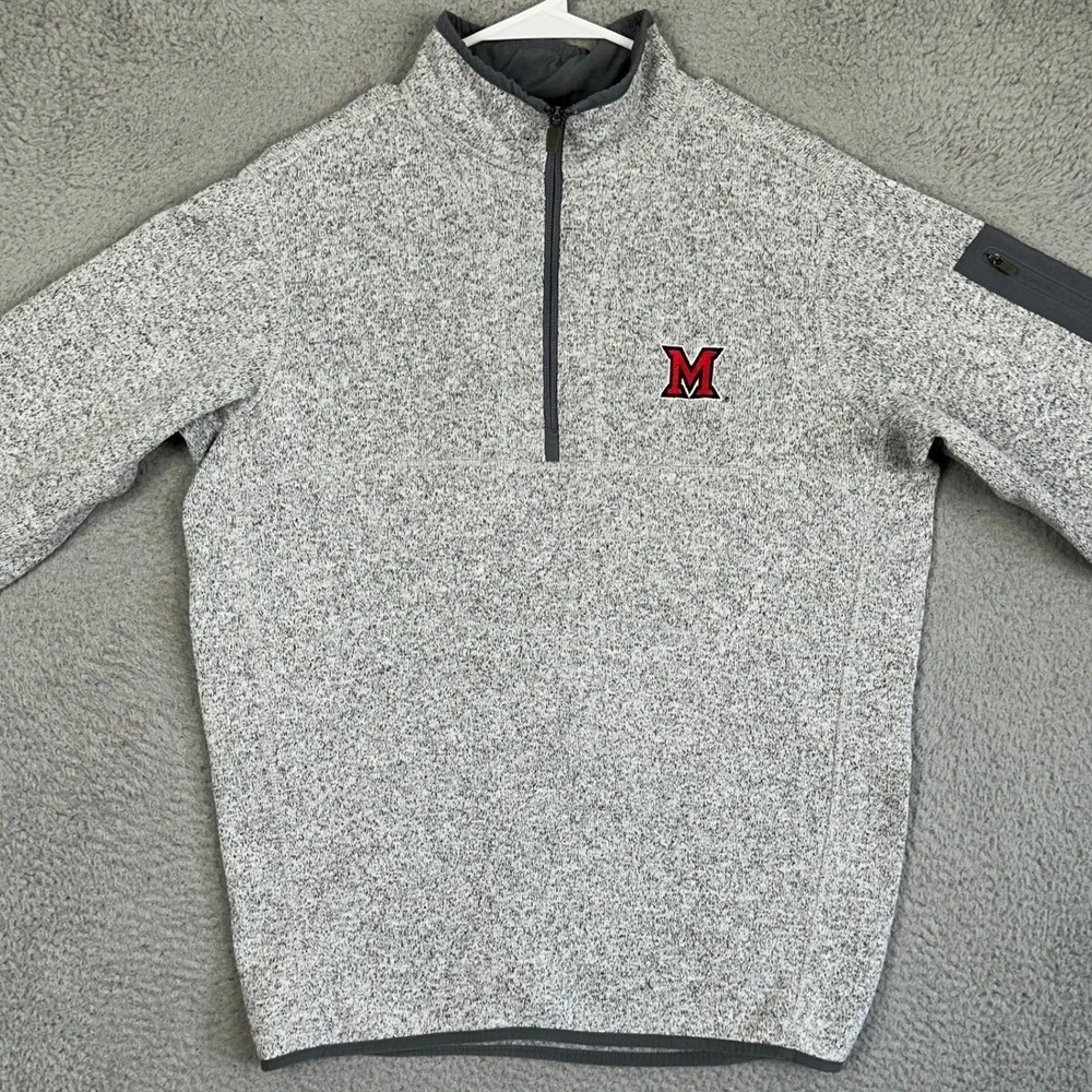 Miami RedHawks Antigua Sweater Mens Medium Grey Salt Pepper Fleece Quarter Zip